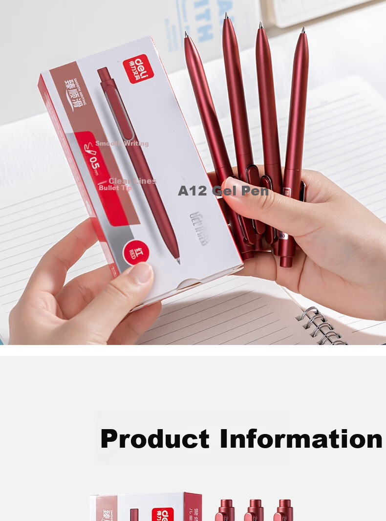 Deli Smooth Star Lesu Premium Smooth Gel Pen 0.5mm Bullet Tip Retractable Pen Metal Paint Red 12pcs/Box A12 8