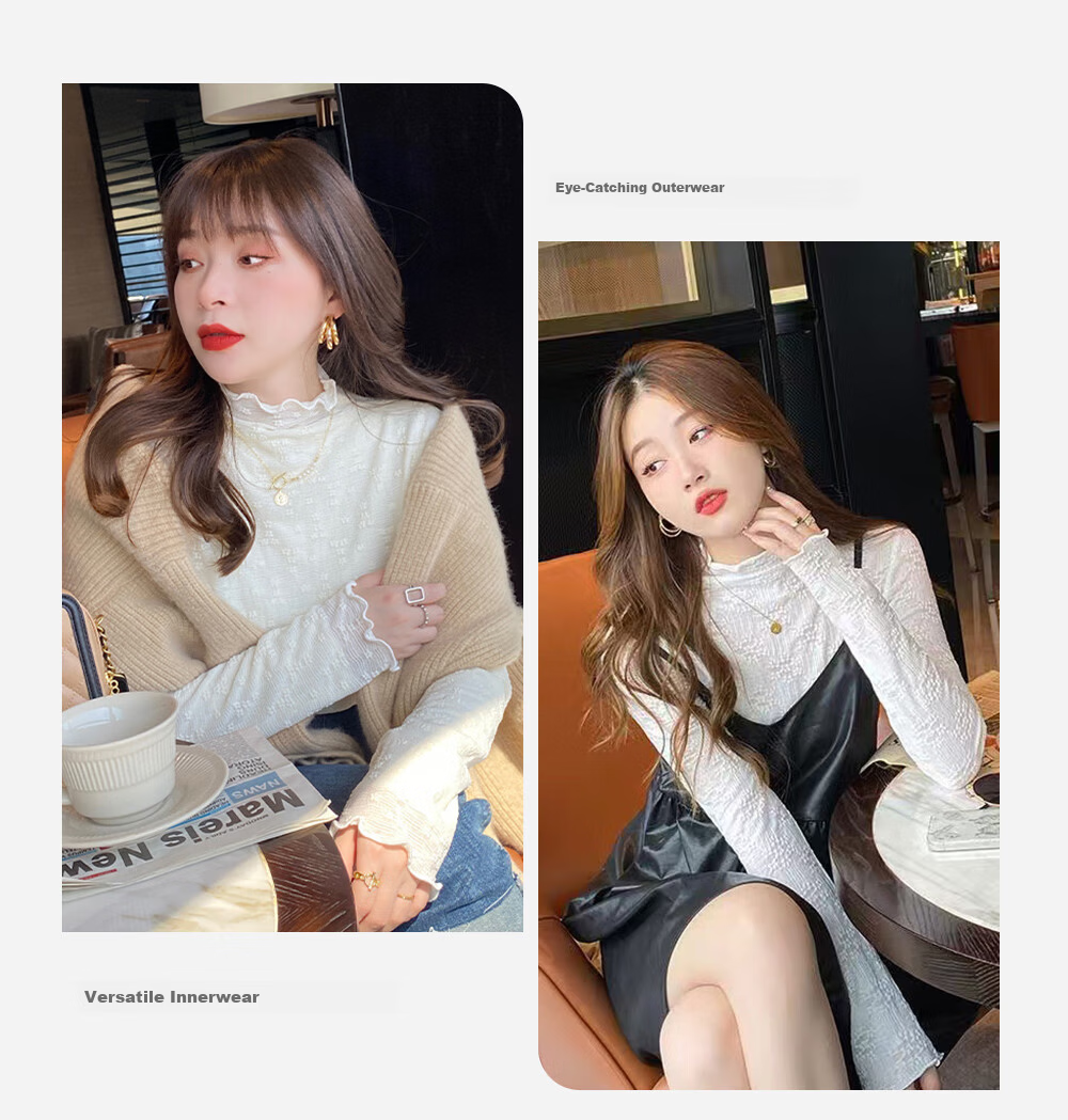 Modal Lace Base Layer Top for Women 2026 New Fleece Thickened Autumn Winter Half Turtleneck White Mesh Shirt White 7
