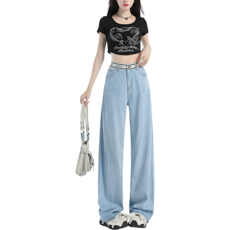 Jeanswest Women's Summer 2026 Tencel Lightweight Wide-Leg Straight Loose Denim Pants Light Blue XL