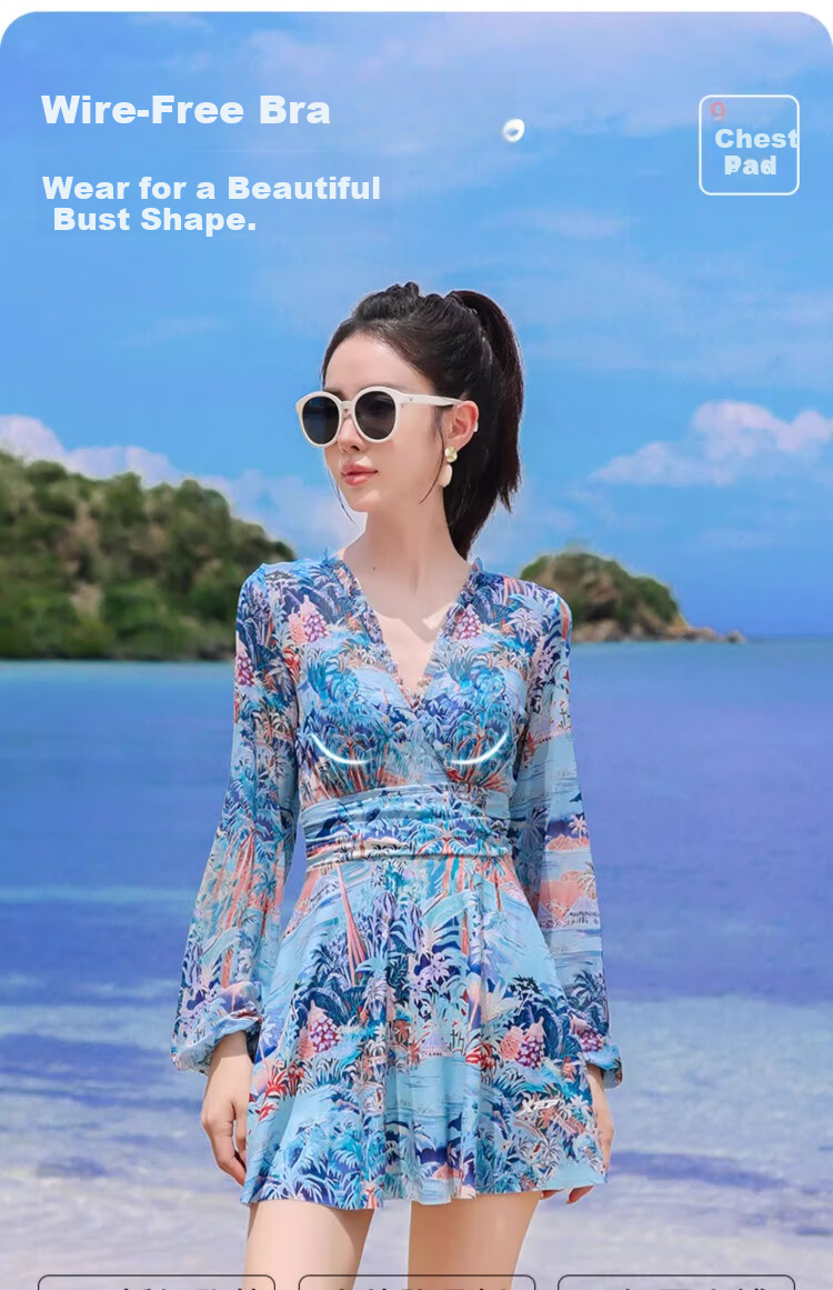 Xtep Women's Long Sleeve Swimsuit High-End Fashion Conservative Slimming One-Piece Skirt Style Plus Size Girl Tummy Control Hot Spring Vacation Swimwear 8