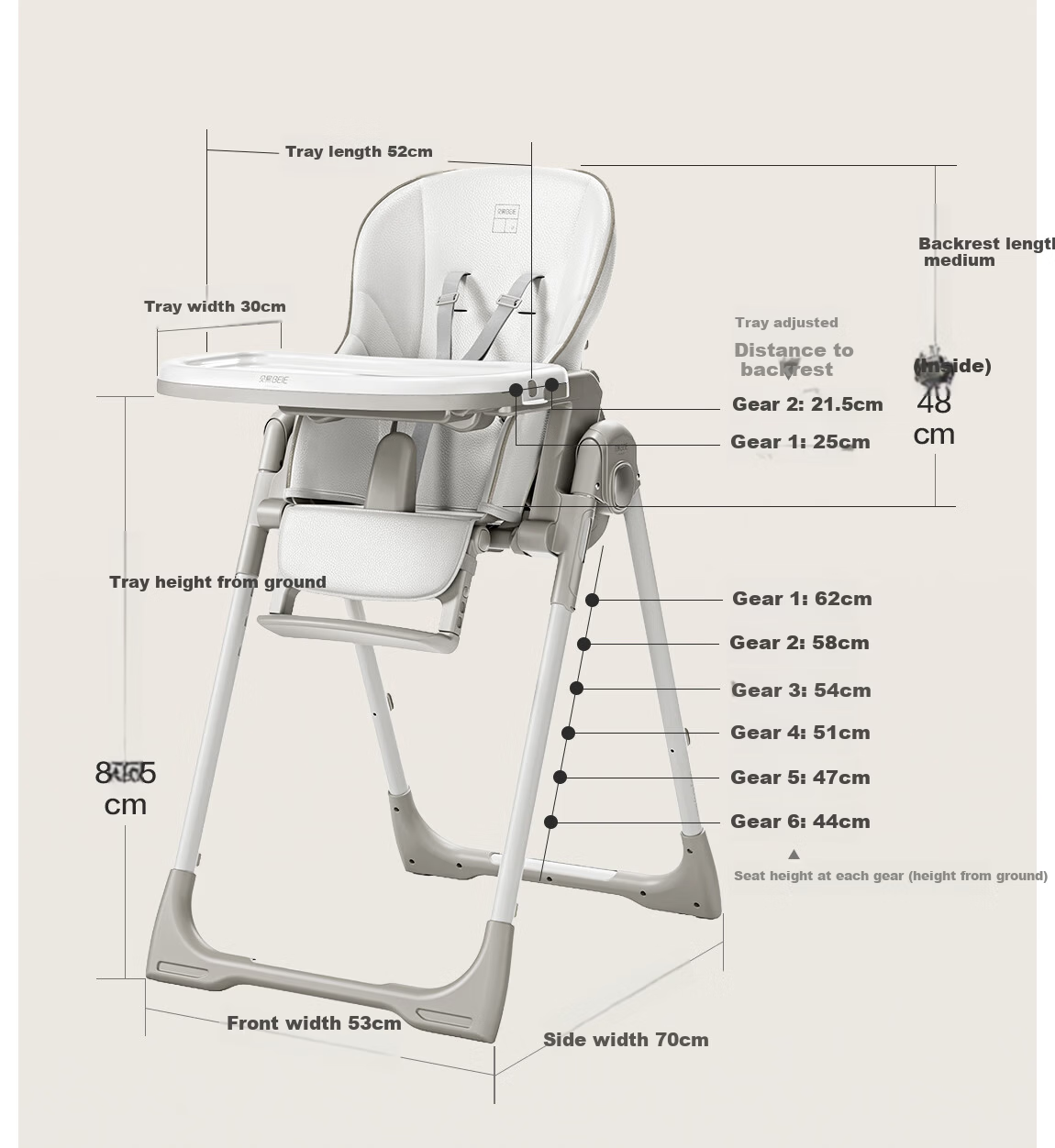 BEIE Baby High Chair Toddler Dining Chair Kids Growth Chair Children's Seat Rocking Chair White Shell + Cloud Cushion 40