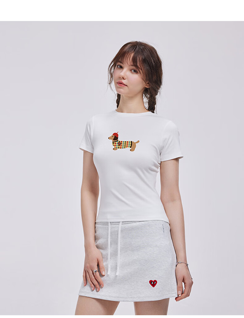 Charles Heart Summer Simple Cute Dachshund Print Short Sleeve Slim Fit T-Shirt White XF 15