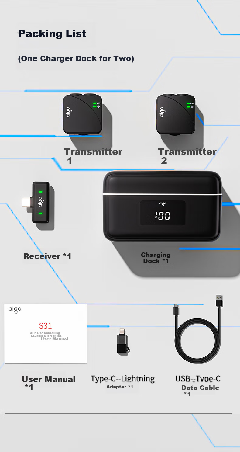 Aigo S31 Wireless Lavalier Microphone Live Streaming Recording Outdoor Short Video Douyin K-Song Mic AI Noise Reduction Mini Mic Charging Case Version One-to-Two New Product 22