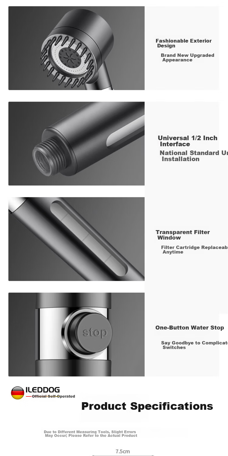 ILeddog [Germany] Shower Head Handheld Filtered Shower Head with Massage Silicone Brush DP-01 10