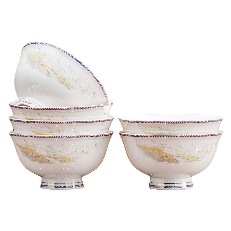 Jieyajie Ceramic Bowl Set, 4.5-Inch High-Foot Bowls, New White Porcelain Dinner Bowl Set, 6 Pieces, "Great Rivers And Mountains" Desig
