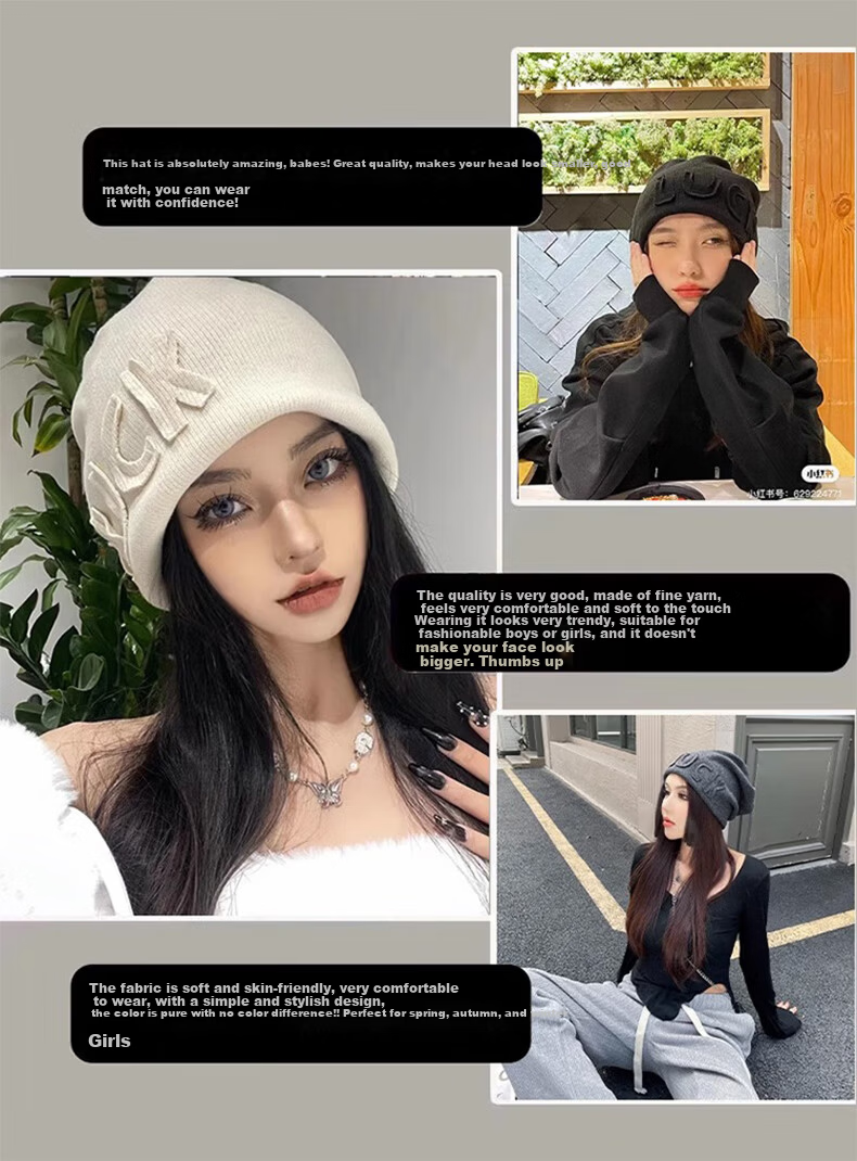 Xueqiman Women's Autumn Winter Japanese Style Thickened Warm Knitted Letter Beanie Fleece Lined Headwrap Hat 3