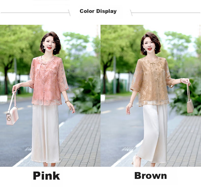 Hodo Middle-aged Elegant Mom Summer Chiffon Shirt Middle-aged and Elderly Women's Summer Cool Short Sleeve Two-piece Set Top 10