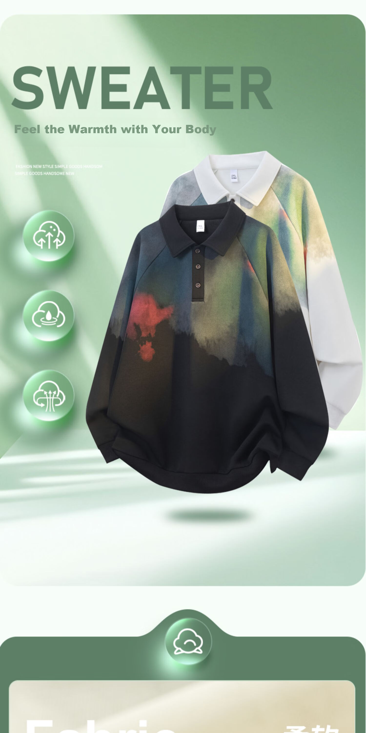 Dingfengbaoluo Men's American Style Lapel Sweatshirt Spring Ink Splash Print Loose Casual Long Sleeve XKP10 White 2XL 3