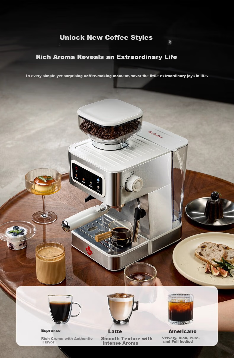 Tim Hortons Tims T5 Fully/ Semi-Automatic Italian Home Coffee Machine Grinder Integrated Cold Brew Version One-Touch Milk Frother Detachable Burr Silver 14