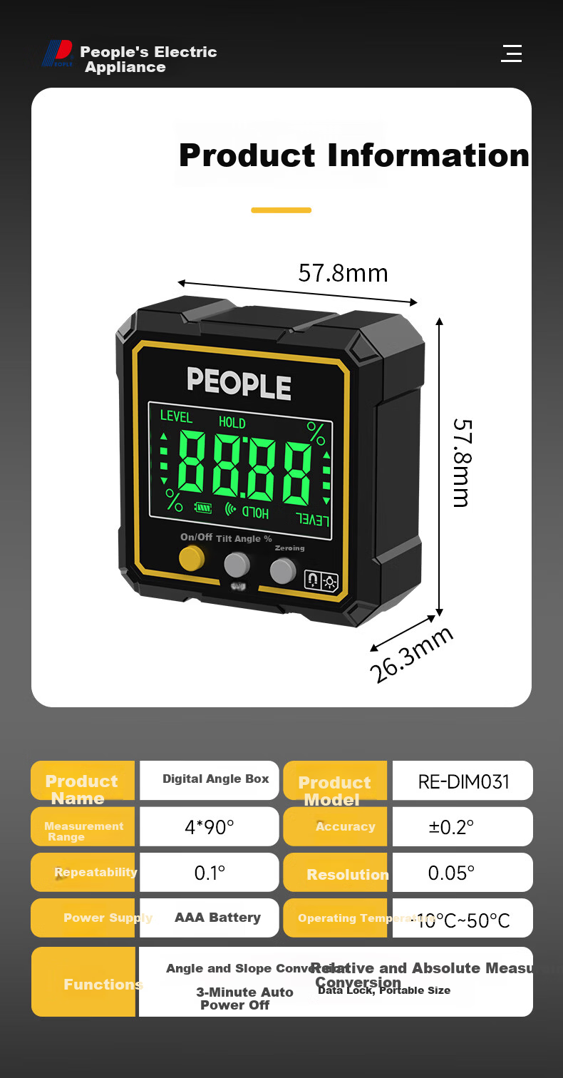People's Digital Inclinometer Box Electronic Digital Level with Magnetic Angle Meter Slope Gradient Ruler RE-DIM032S 11
