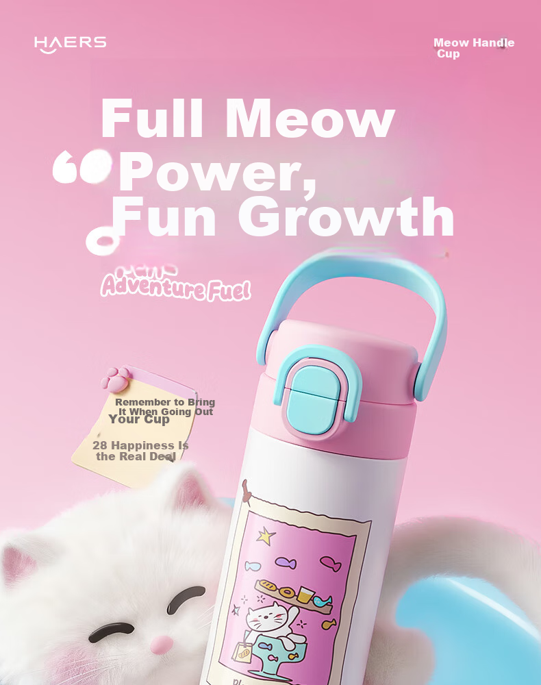 HAERS Kids Insulated Water Bottle Girls High-Quality 316L Stainless Steel Portable Straw Cup Cheese Custard 500ml 1
