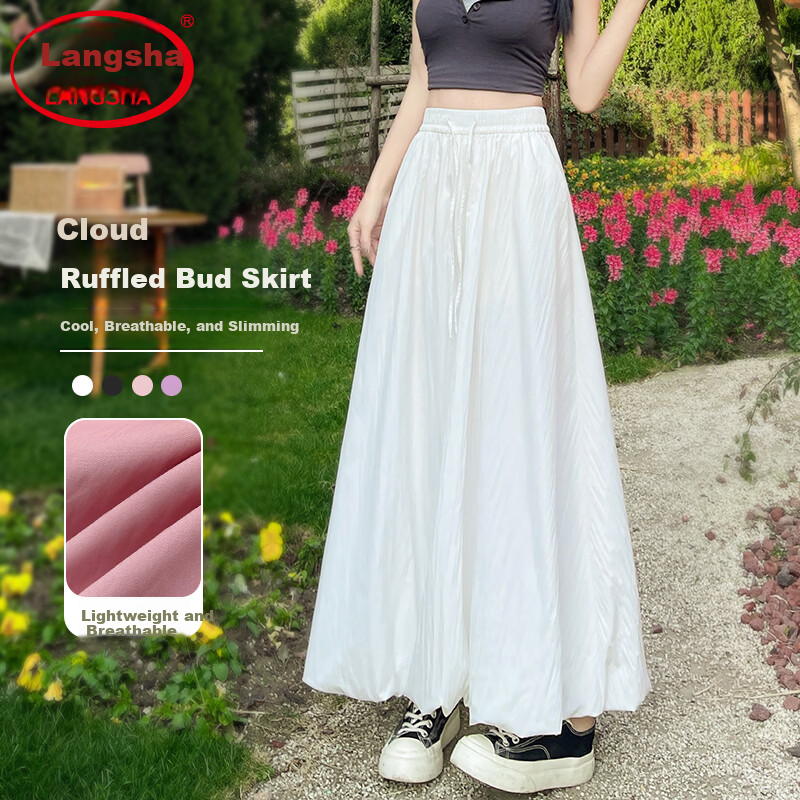Langsha Bud Half Skirt Women Spring Summer Thin High Waist Loose Slim A-Line Puffy Cloud Mid-Length Skirt