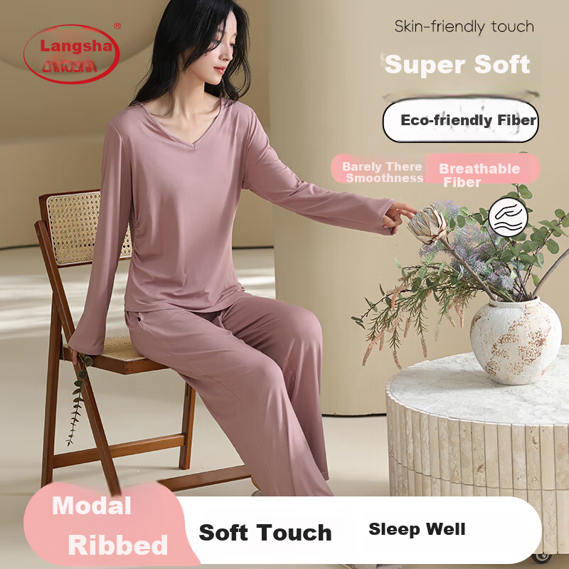 LangSha Women's Pajama Set Spring Summer Smooth Bare Skin Comfortable Homewear 2026 New Pink
