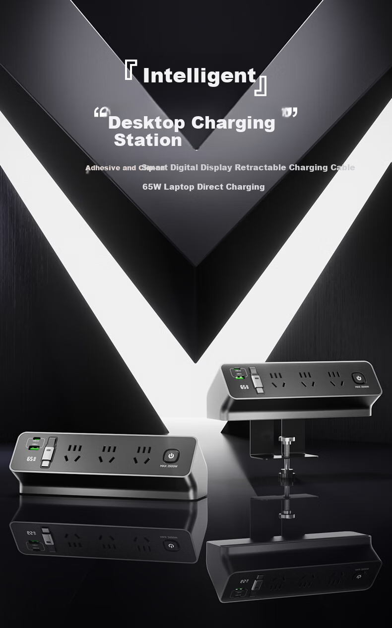 Comfort Desktop Pop-up Power Strip with Digital Display, No-drill Adhesive Clamp Extension Socket for Home, Dormitory, Office Desk Organizer 1