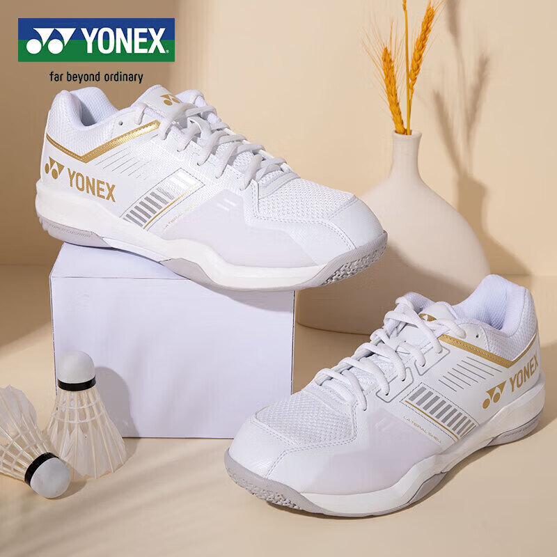 YONEX Badminton Shoes with Shock Absorption, Breathable, for Competition And Training, Wide Fit, Comfortable, SHBSF1WEX White And Gold, Size 44