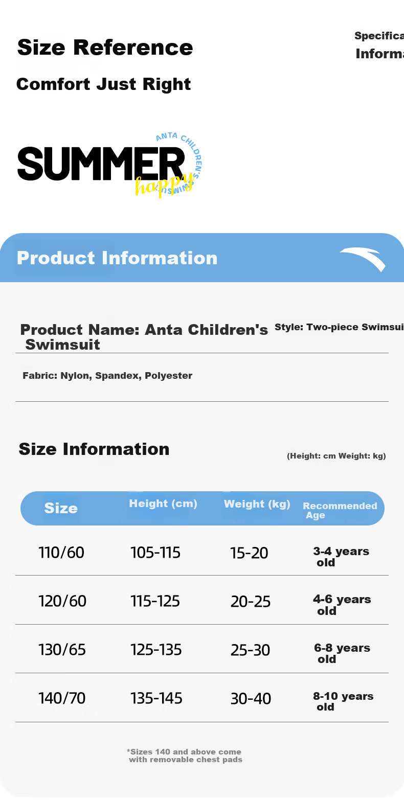 ANTA Kids Boys 2024 New Style Youth One-Piece Quick-Dry Professional Training Swimsuit Blue White 140 11
