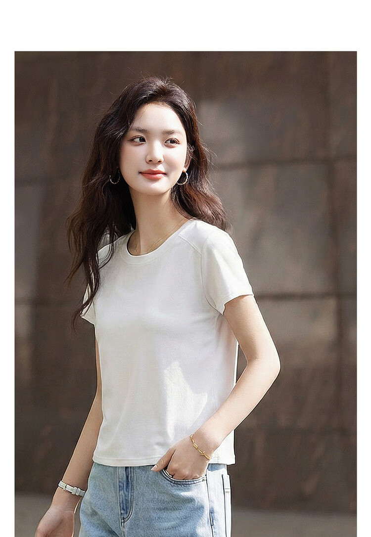 Demana [Smooth Lyocell] Summer Simple Style Round Neck Short Sleeve Slim Fit Petite Versatile High-End Women's T-Shirt 3