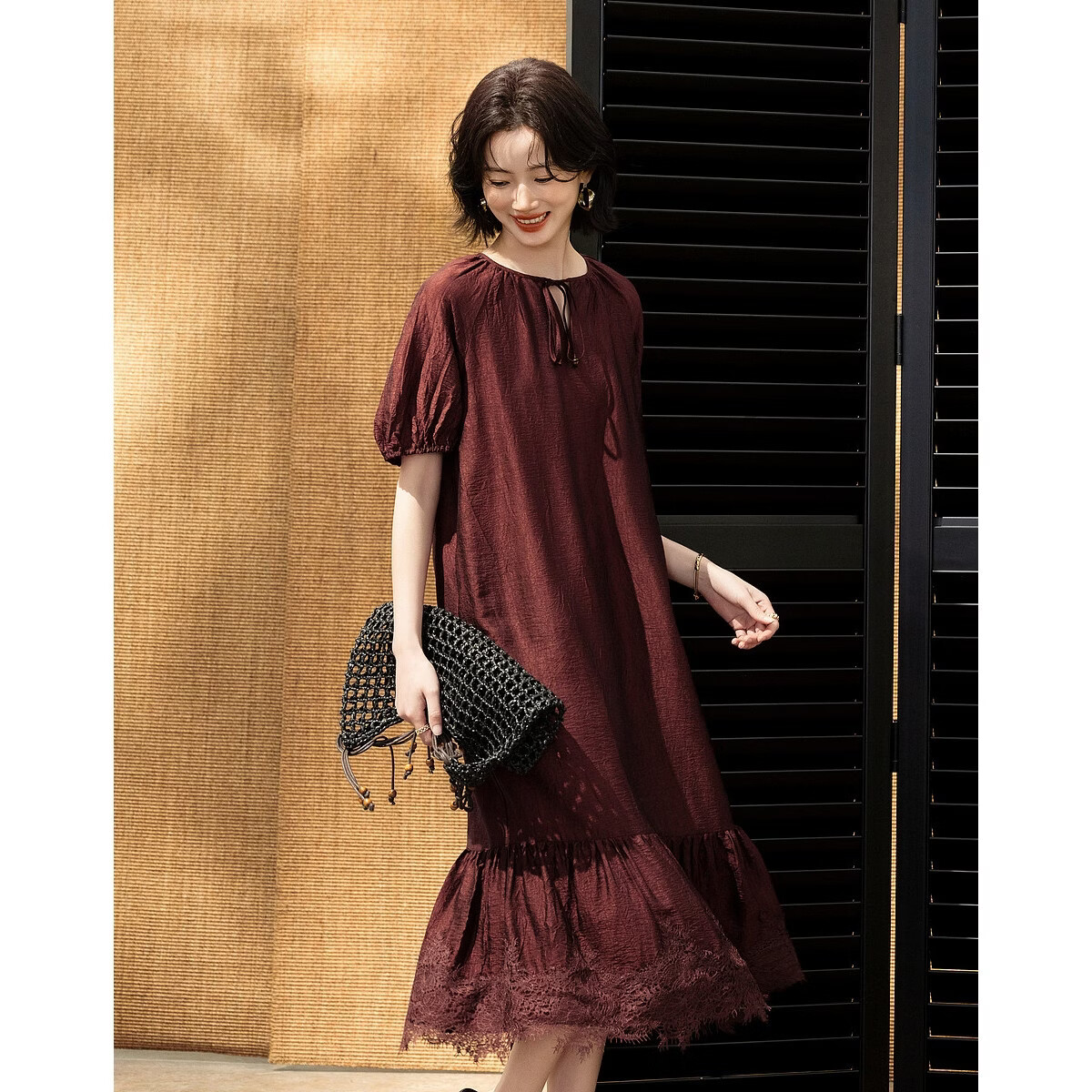 Demana Wrinkled Acetate Summer Vacation Style Tassel V-Neck Lace Splice Loose Mid-Length Women's Dress