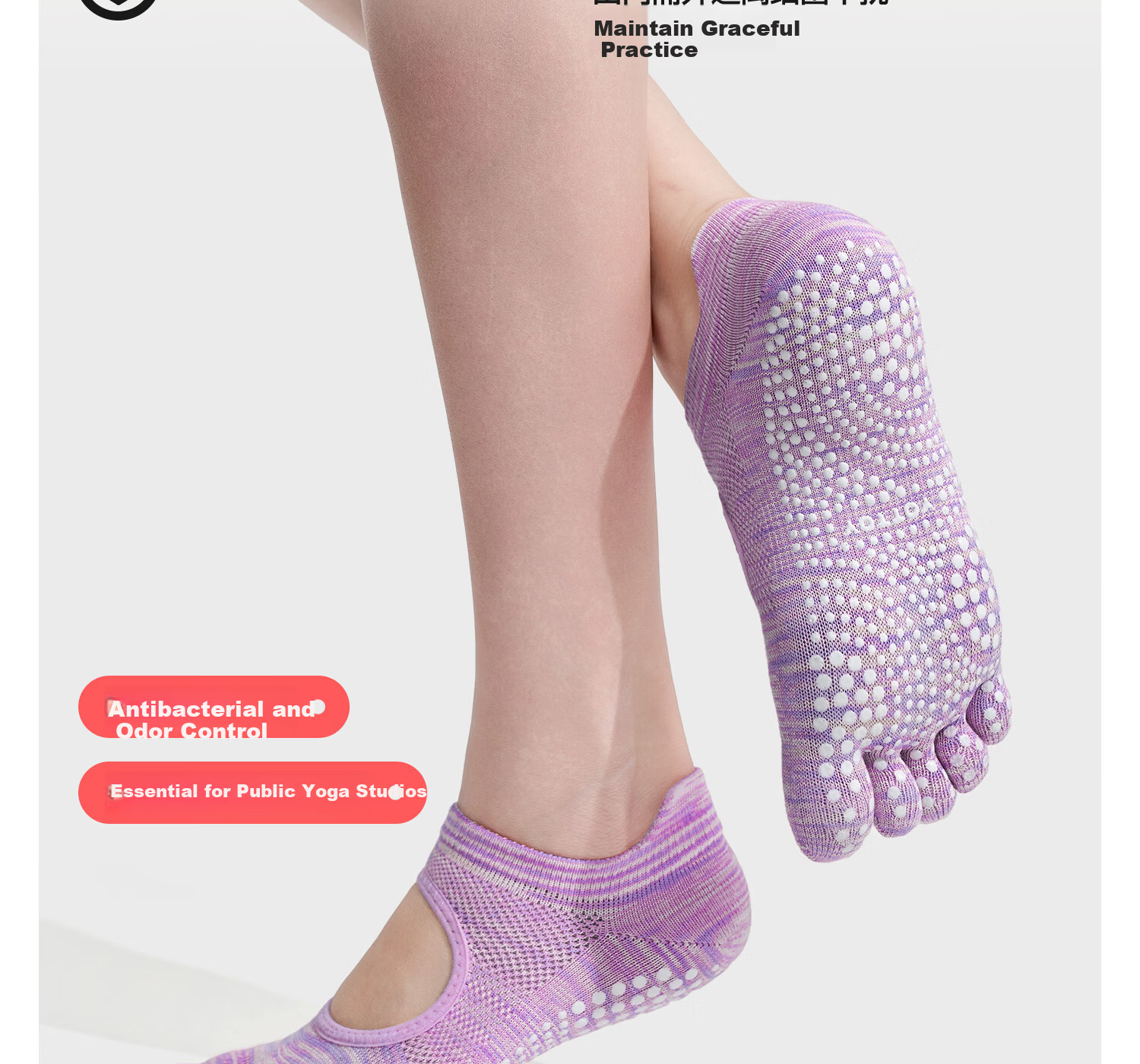 Yottoy Gradient Dyed Non-Slip Yoga Socks for Women Pilates Five-Toe Shoes Summer Indoor Sports Fitness Toe Separator Short - Purple 4