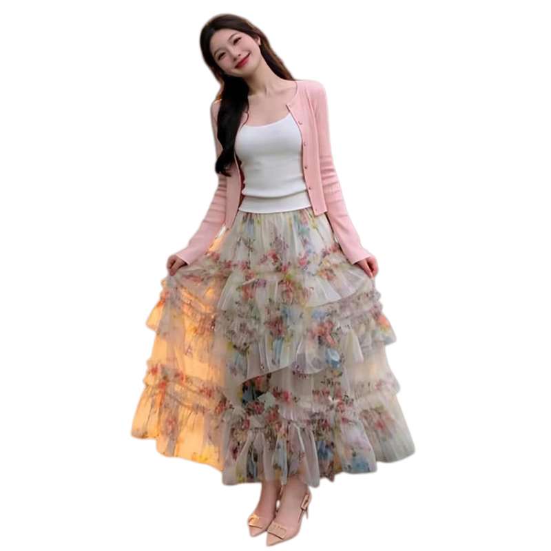 Langsha Floral Mesh Half Skirt Women Summer 2026 New Irregular A-Line High Waist Slim Sweet Cake Mid-Length Skirt