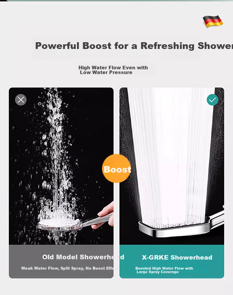 X-GRKE Germany High-Pressure Shower Head Set with Hose and Filter, Powerful Water Flow Booster 12