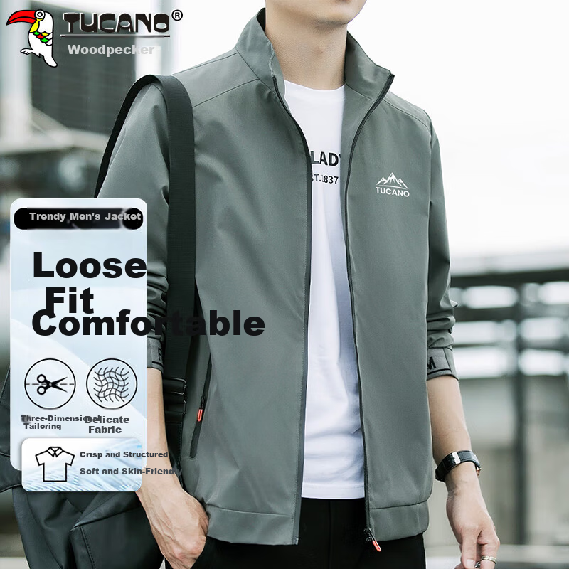 TUCANO Men's Spring Autumn Business Casual Jacket Loose Fit Stand Collar Men's Outdoor Coat Dark Gray XL