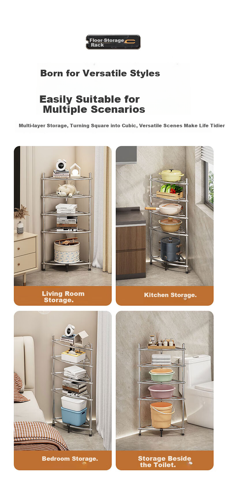 Jingxun Stainless Steel Four-Tier Bathroom Basin Rack Bathroom Storage Shelf Corner Floor Storage Rack 8