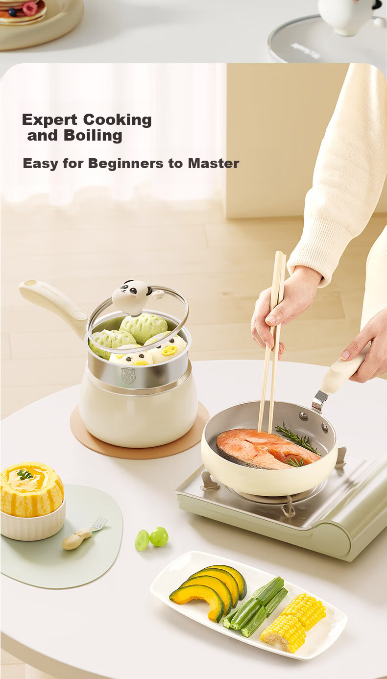 Joyoung Non-Stick Frying Pan, Milk Pot, Baby Food Pot, Baby Noodle Breakfast Pot, Steamer, Gas Stove and Induction Cooker Compatible, Fluoride-Free Cute Friendly Cookware Set 6