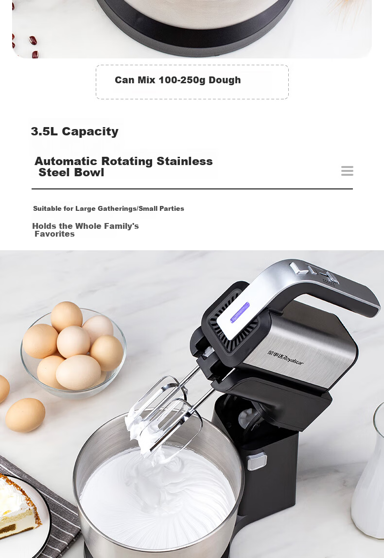 Royalstar Electric Hand Mixer 300W High Power Handheld Cream and Egg White Beater Dough Mixer Multifunctional Stand Mixer 3.5L EGK395L 7