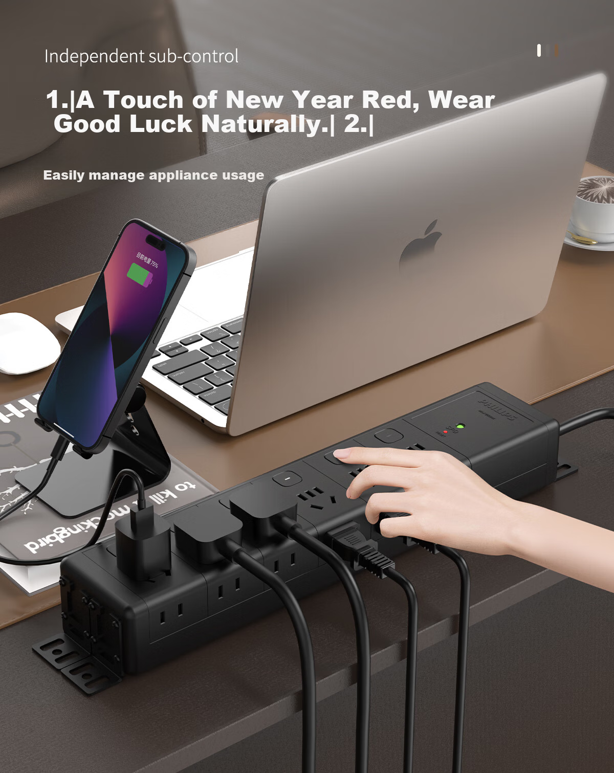 PHILIPS Aluminum Alloy PDU Power Strip 12-Outlet Desktop Controlled Side Socket Surge Protector Overload Protection Gaming Office Computer Desk Under-Desk No-Drill Extension Cord Socket Board 3