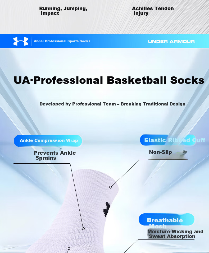 Under Armour Socks for Men And Women, Sports Basketball Socks, Summer Running Marathon Socks, Cotton Odor-Resistant Terry Bottom Badminton Mid-Length Socks 4