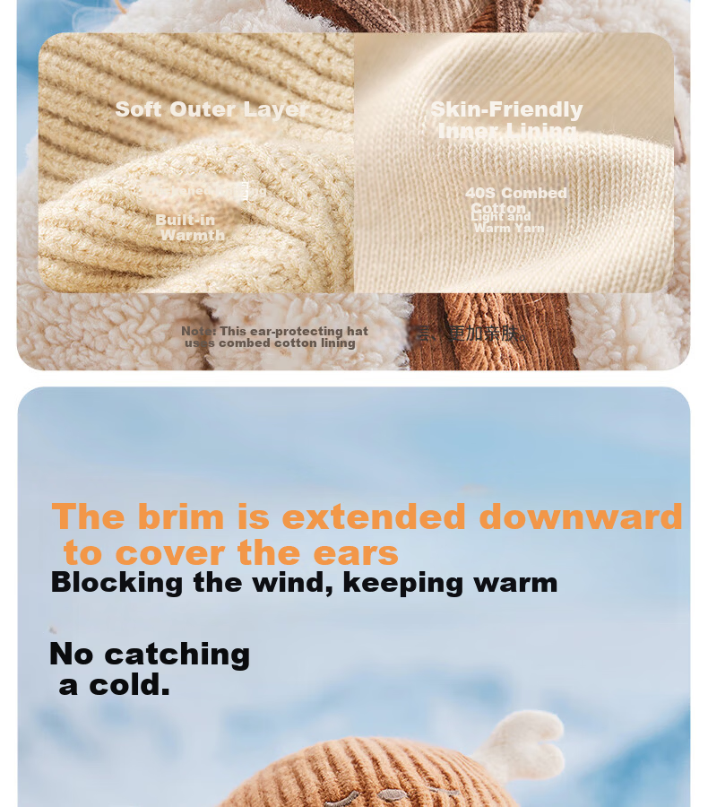 Beitais Baby Hat Autumn Winter Windproof Ear Protection Warm Children's Knitted Hat Cute Infant Seamless Knit Cap 6