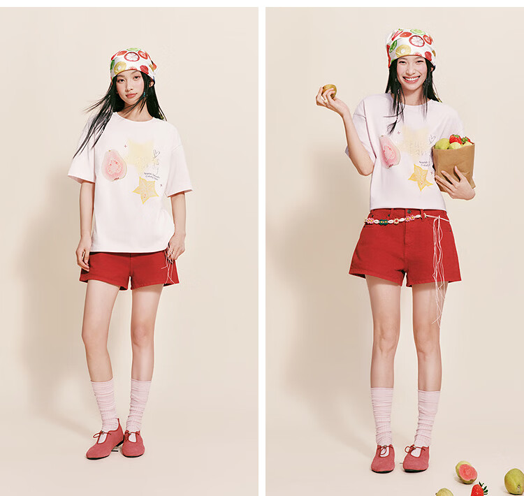 Semir Women's Summer Short Sleeve T-Shirt Mid-Length Loose Pure Cotton Rhinestone Fruit Pullover 2026 109326100028 28