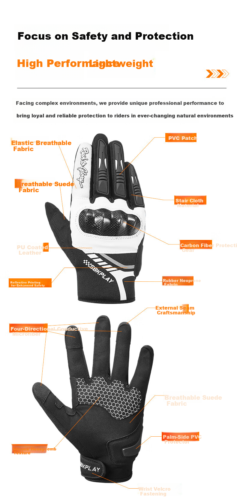 SBKPLAY Motorcycle Carbon Fiber Breathable Summer Gloves Leather Off-Road Touchscreen Gloves for Men And Women Riding Motorcycles AJ-3 Black M 6
