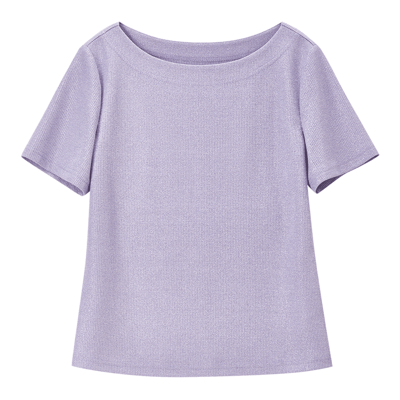 Shangdu Bila Off-Shoulder Boat Neck Double Needle Stitching T-Shirt for Women Summer Elegant Commuter Stretch Ribbed Knit Top