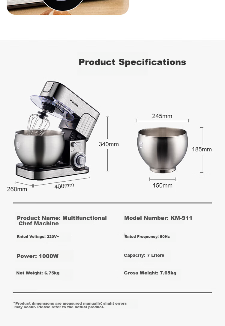 KONKA Quiet Kitchen Machine Home Dough Mixer Multifunctional Kneading All-in-One Flour Cream Mixer Fully Automatic Food Processor DC Motor 7L Large Capacity KM-911 17