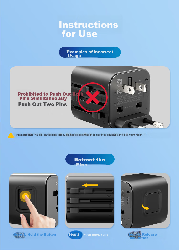 PHILIPS International Travel Adapter Plug Converter UK US EU AU Germany Japan Singapore Hong Kong Compatible 1A1C Charging 12W White 13