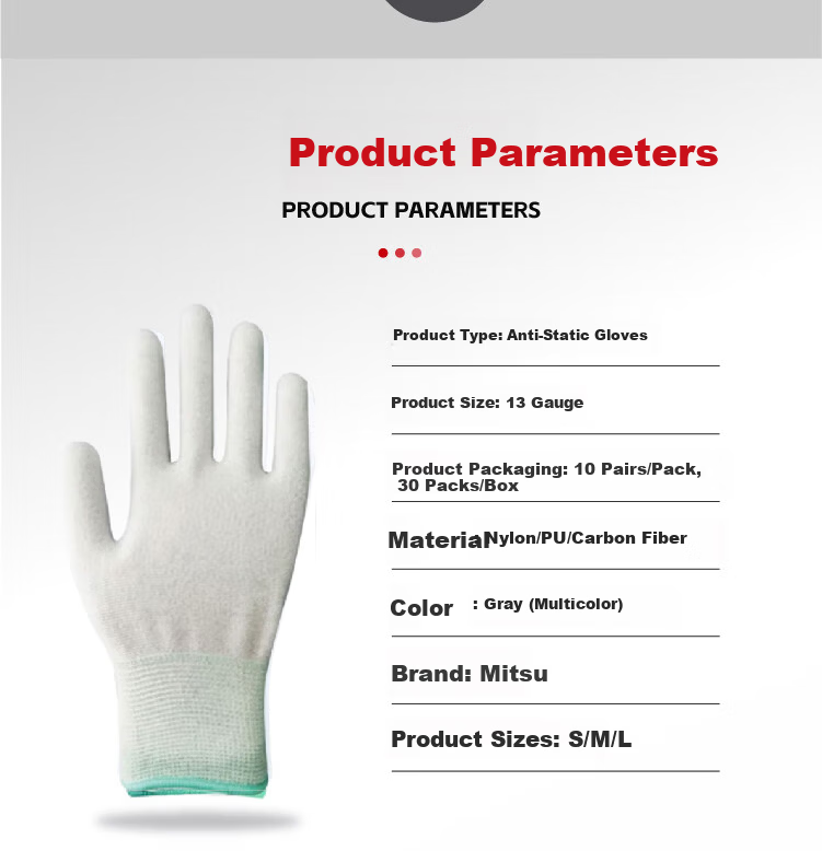 Mitz Anti-Static Gloves Carbon Fiber Palm Coated Winter PU Coated Lightweight Dust-Free Breathable Non-Slip Assembly Electronic Factory Labor Protection Gloves Gray Size L (10 Pairs/Pack) 9