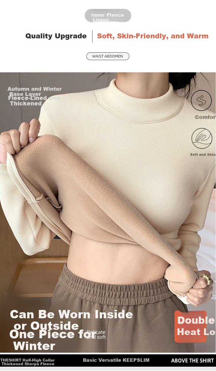 LangSha Autumn Winter Fleece-Lined Thickened Half Turtleneck Base Shirt for Women 7A Antibacterial Mite-Resistant Lamb Fleece Thermal Innerwear 11