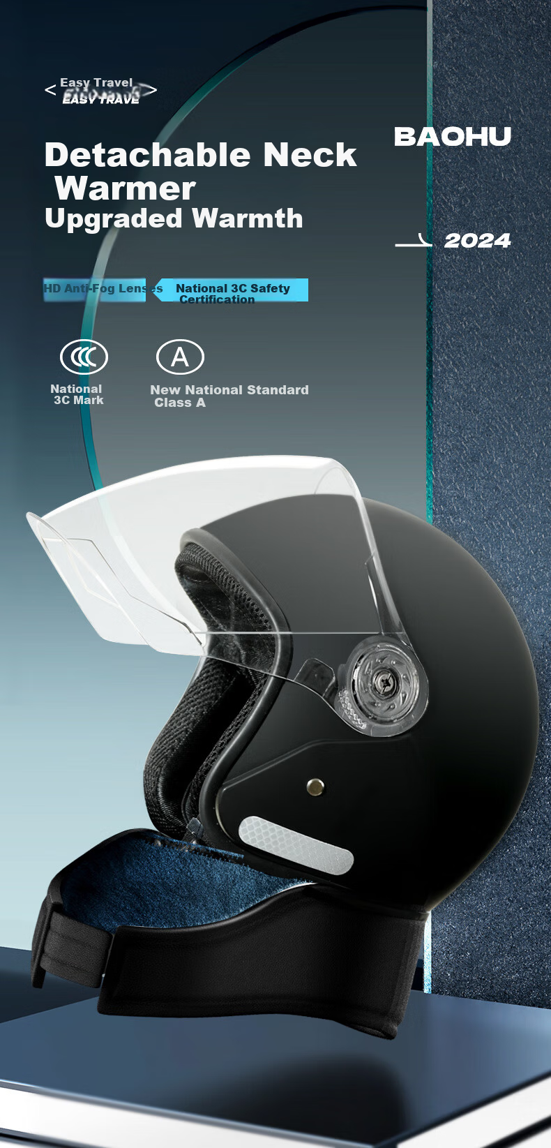 BAOHU Electric Vehicle Helmet 3C Certified Unisex Four-Season Adult Motorcycle Full Face Helmet 301 Midnight Black Winter Warm Full Helmet 4