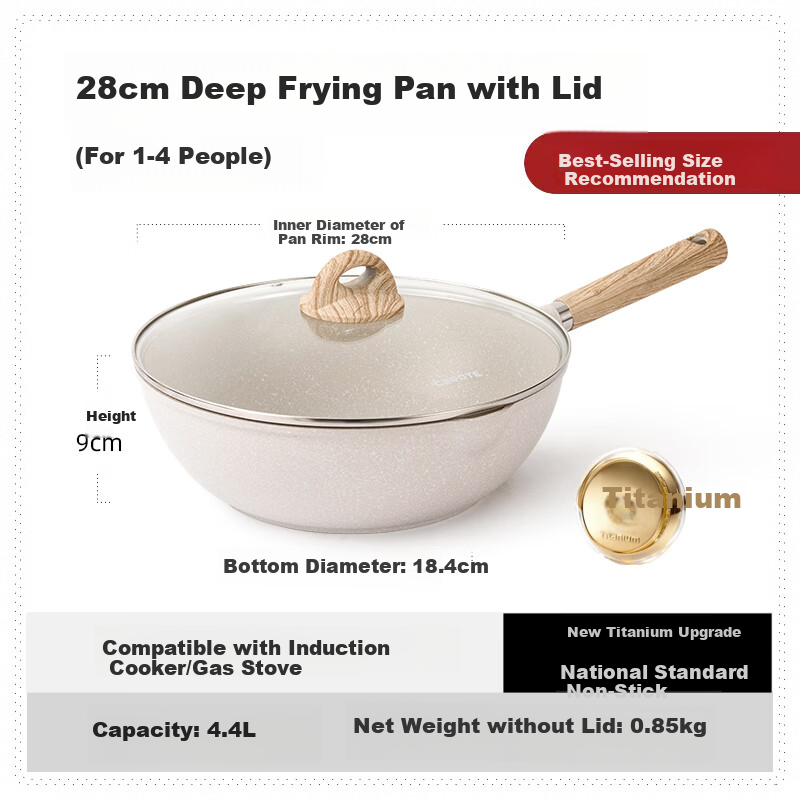 CaROTE Non-Stick Titanium Frying Pan 28cm Maifan Stone Wok Flat Bottom Pan for Induction and Gas Stove