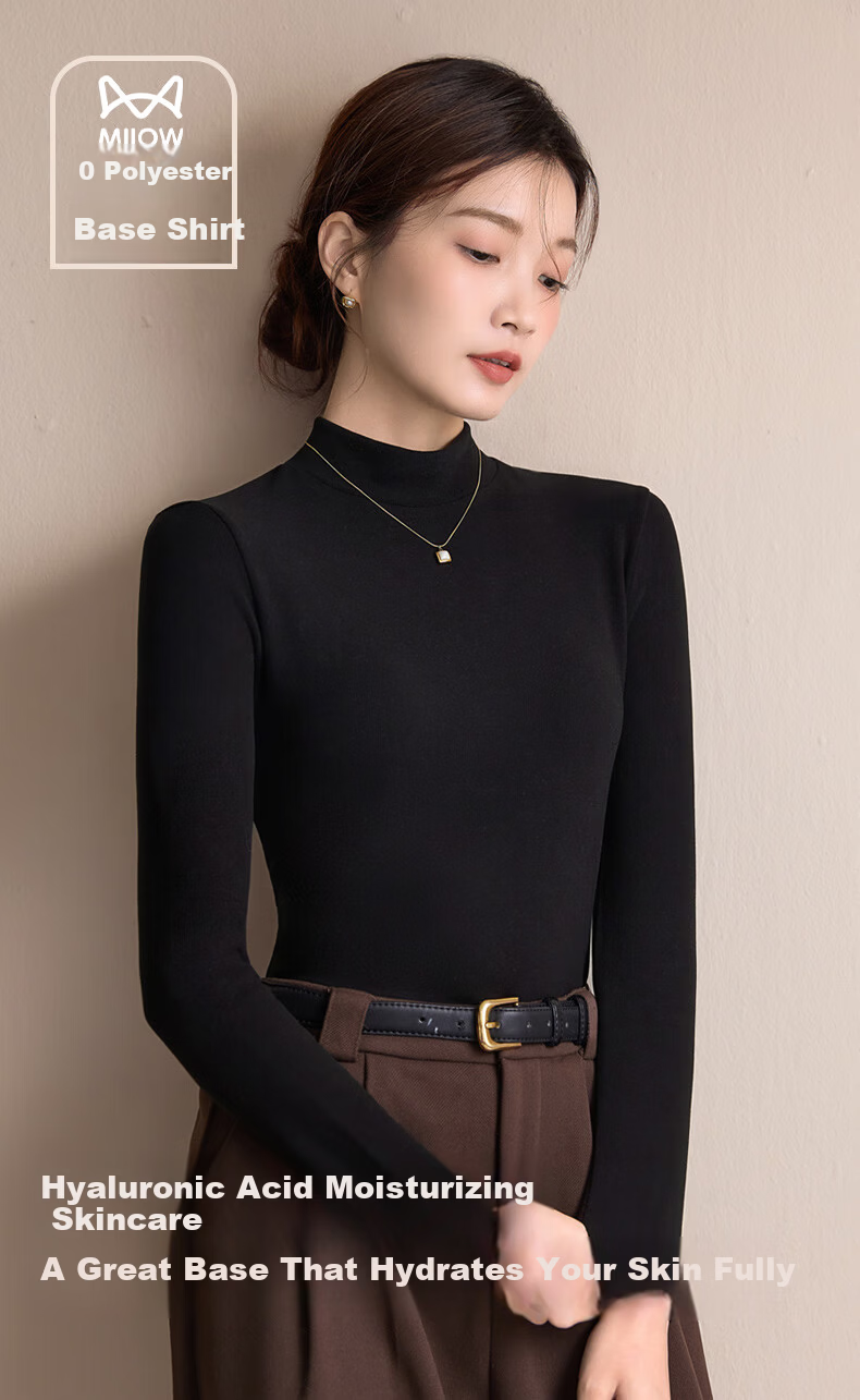 Miiow Women's Half Turtleneck Double-Sided Velvet Polyester-Free Black Fleece Thickened Base Layer Top 1
