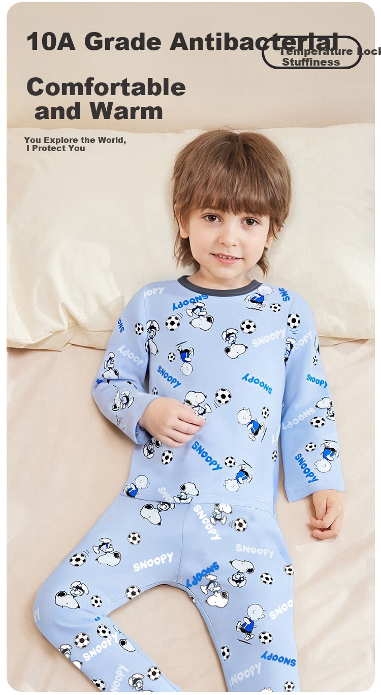 SNOOPY Children's Thermal Underwear Set Boys Autumn Long Johns Baby Pajamas Warm Base Layer Feiyue Football Green 1