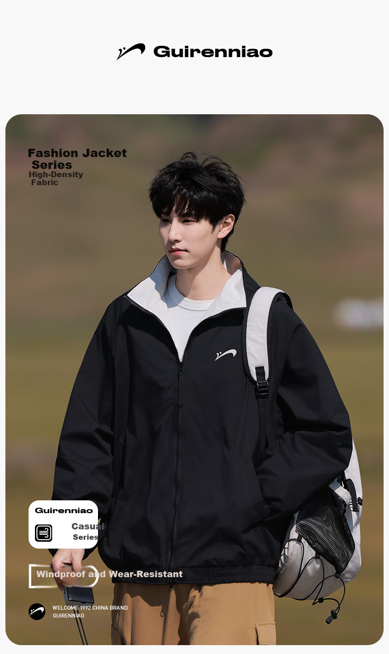 Guirenniao Men's Stand Collar Jacket New Spring Autumn American Baseball Collar Jacket Moonlight Blue S 1