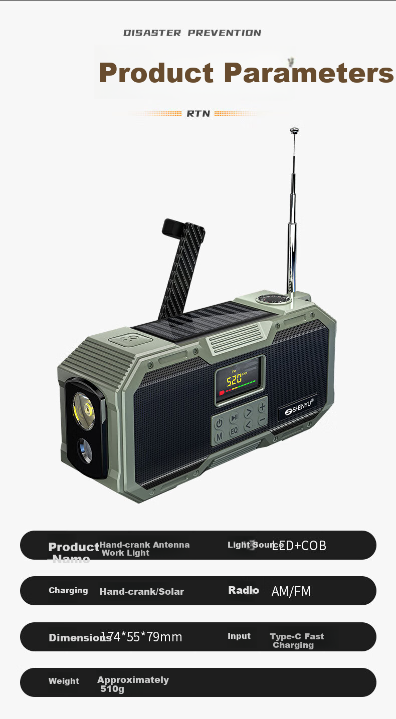 SHENYU Hand-Crank Generator Radio Full-Band High-Quality Sound Flashlight Multifunctional Solar Emergency Military Bluetooth 15