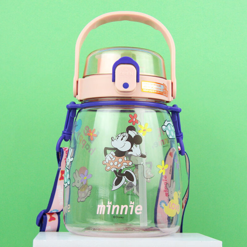 Disney Kids Water Bottle Summer Large Capacity Plastic Portable Sports Trendy Big Belly Cup 1300ML with Strap Minnie Pink