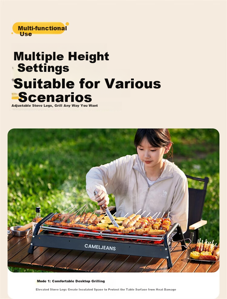 CAMELJEANS BBQ Grill Home Barbecue Rack Skewers Outdoor Camping Portable Charcoal Detachable 174BH05719 Black 6