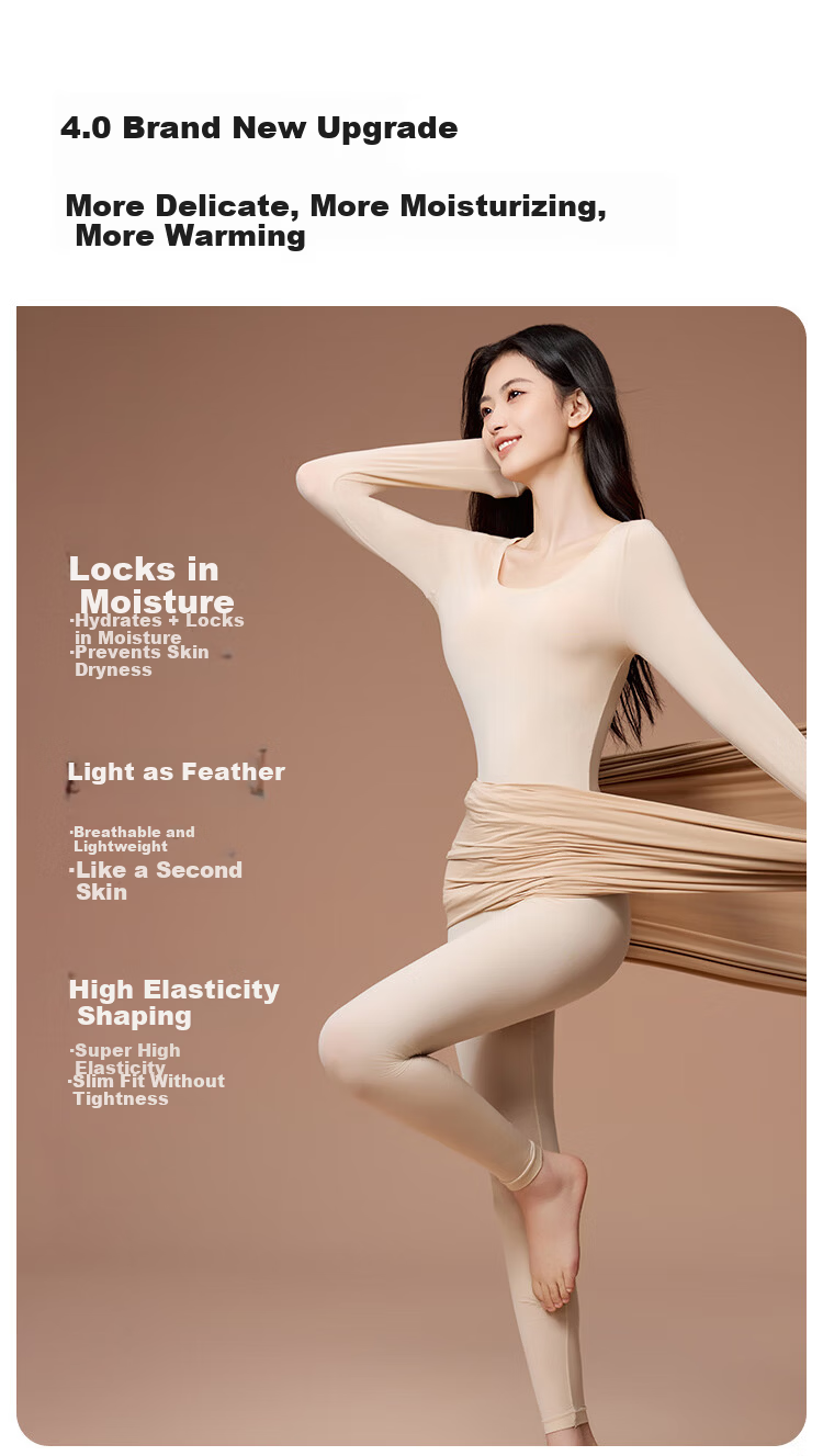 MiiOW Women's Skin Care Ultra-Lightweight Seamless Slim Fit Wide Neck Autumn Winter Thermal Underwear Set 2