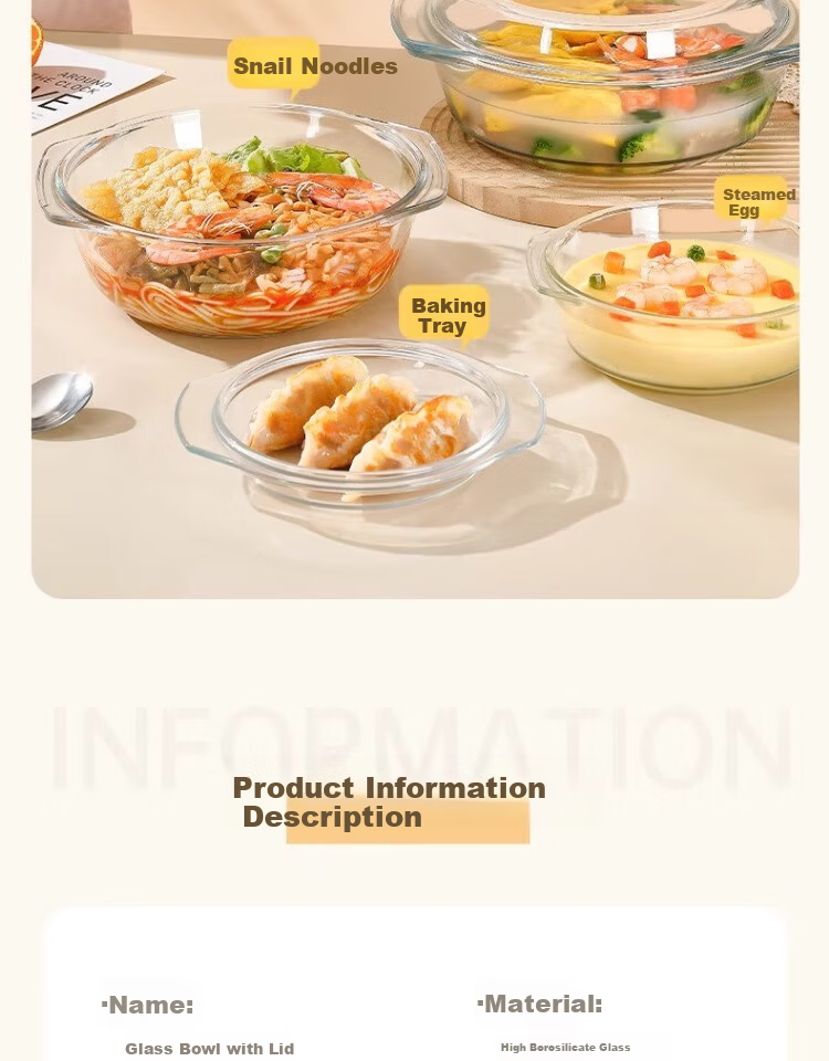 PINYU Glass Double-Handle Transparent Glass Bowl with Lid Microwave Safe Heat-Resistant Soup Bowl Noodle Bowl Salad Bowl Instant Noodle Steamed Egg Custard Bowl 14