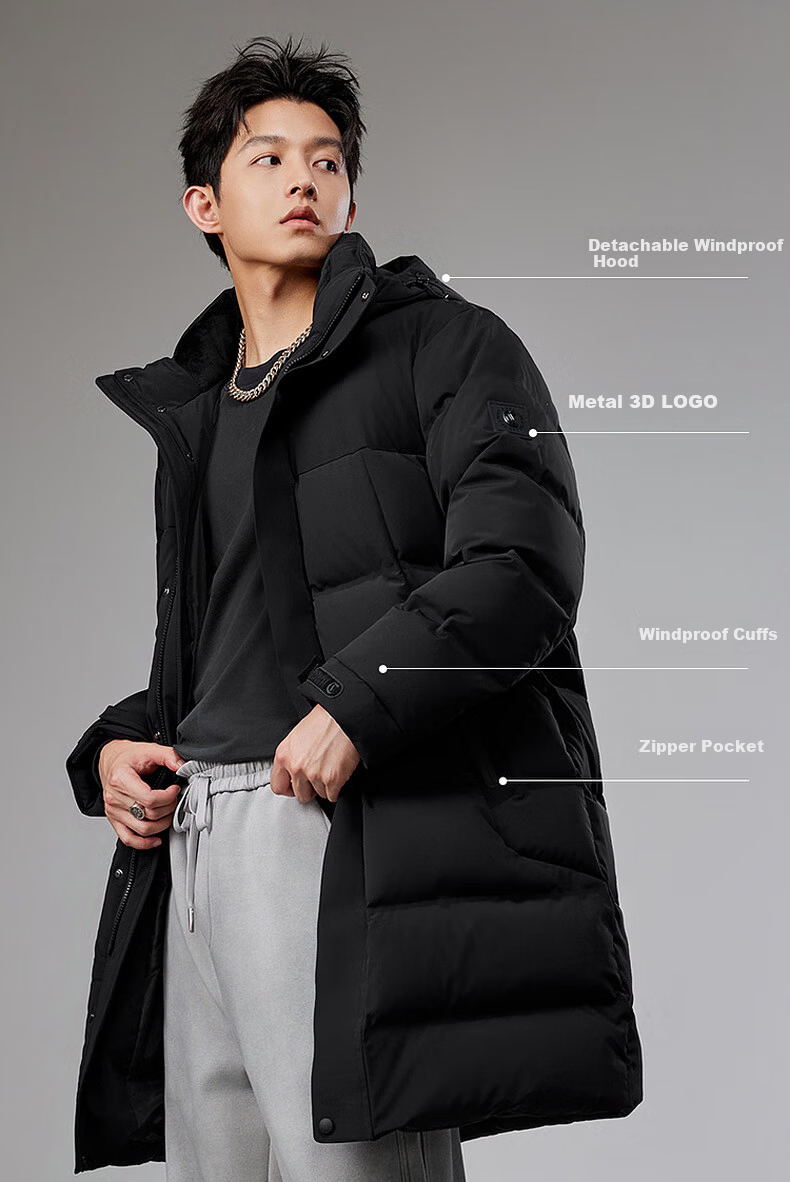 CABBEEN Men's Long Down Coat with Wrinkled Texture, Zipper Pockets, Detachable Hood, Winter 2025 7